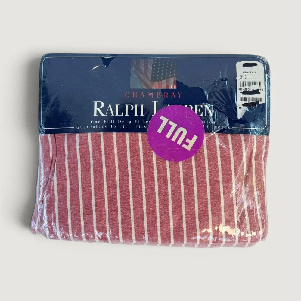 Ralph Lauren Chambray Full Fitted Sheet Red White Stripe Vintage USA New